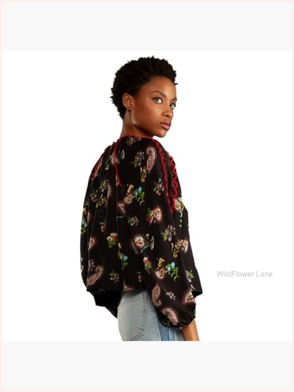 Mock Neck Paisley Print Silk Blouse with Puff Sleeves - Picture 3 of 7
